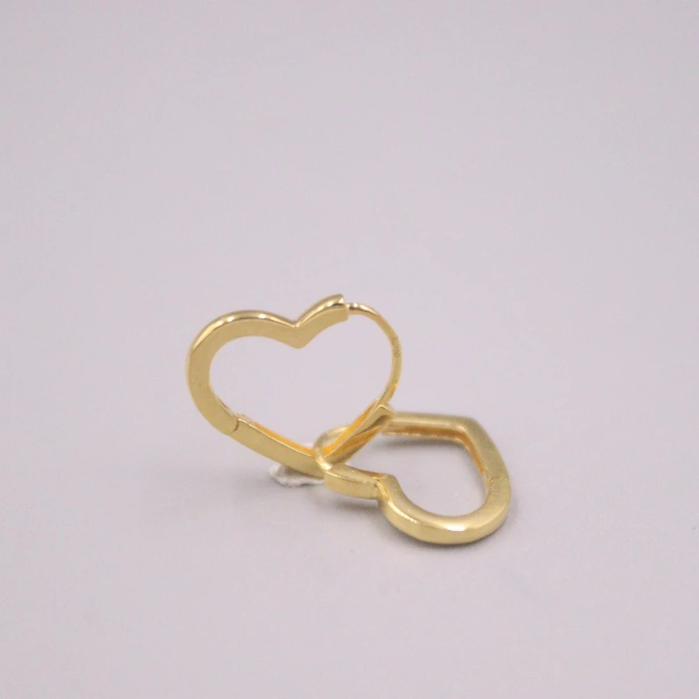 Real Pure 18K Yellow Gold Hoop Men Women Lucky Hollow Glossy Heart Earrings 1-1.1g