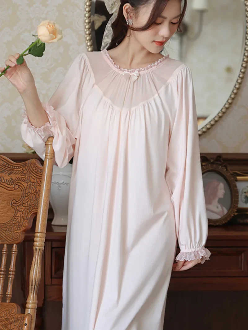 Women Long Sleeve Nightdress Spring Cotton Mesh Fairy Pajamas French Vintage Princess Loose Victorian Nightgowns Sleepwear image 4