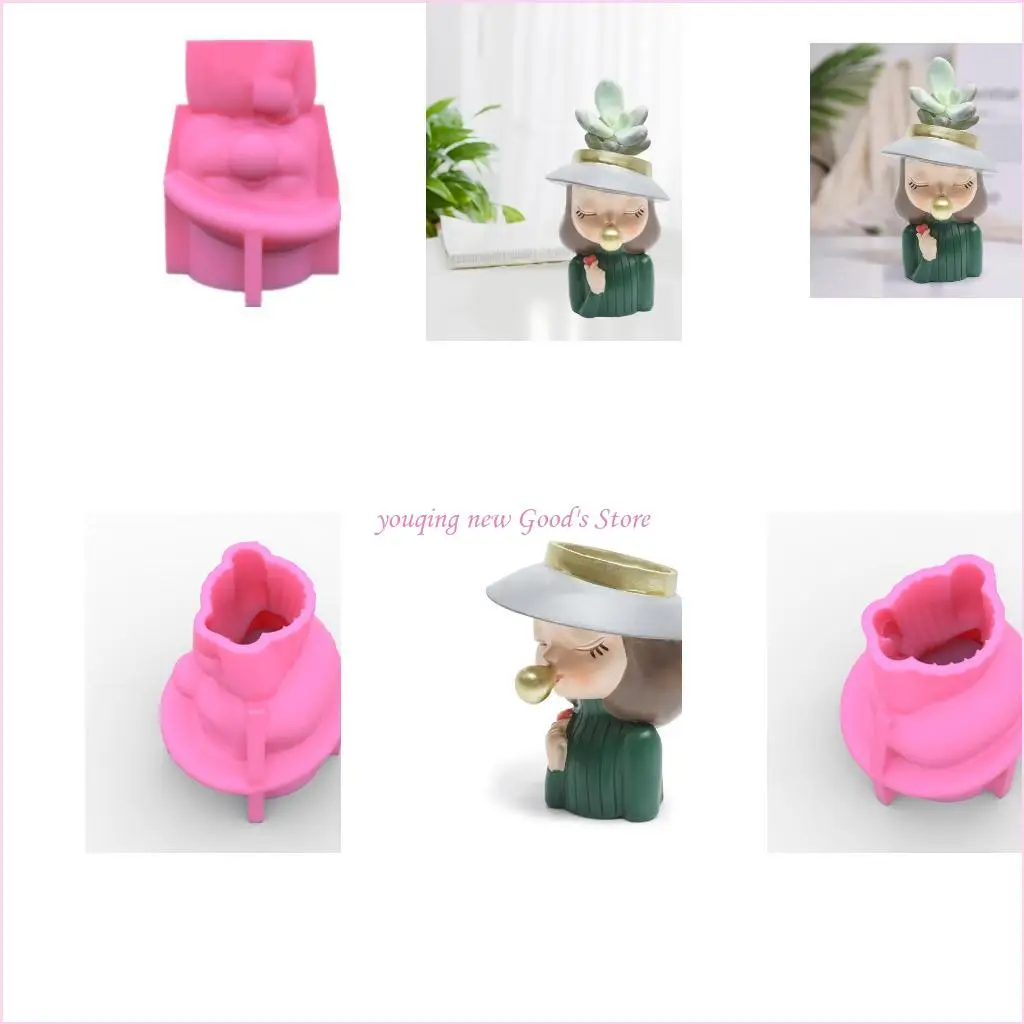 57QA Close Eyes Girl Flower Pot Silicone Mold Epoxy Resin Casting Pot Mold