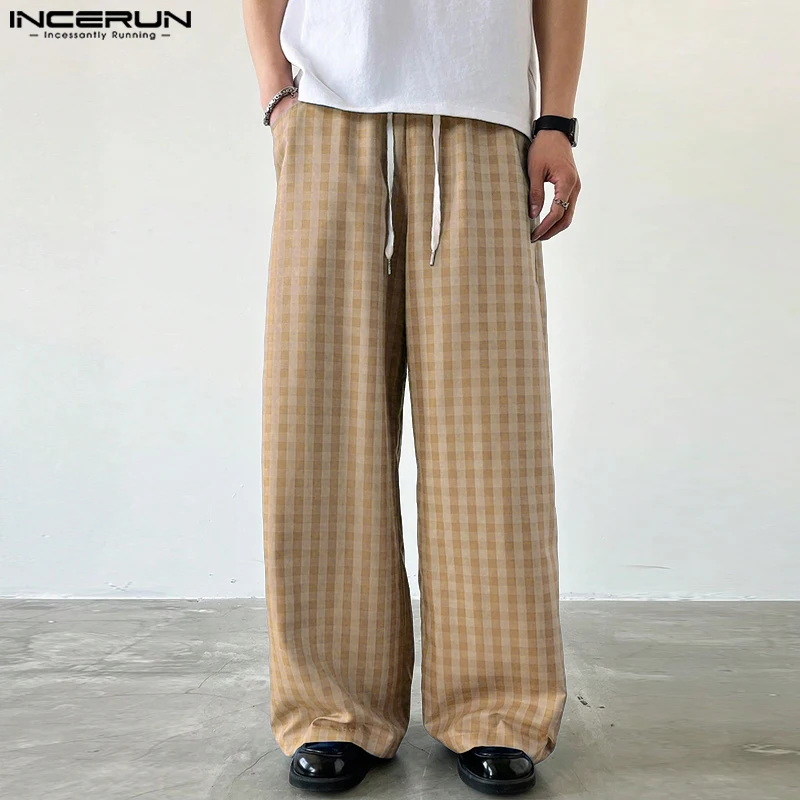

INCERUN Men Plaid Pants Drawstring Joggers Loose Casual Straight Trousers Men Streetwear 2025 Fashion Male Long Pants S-5XL