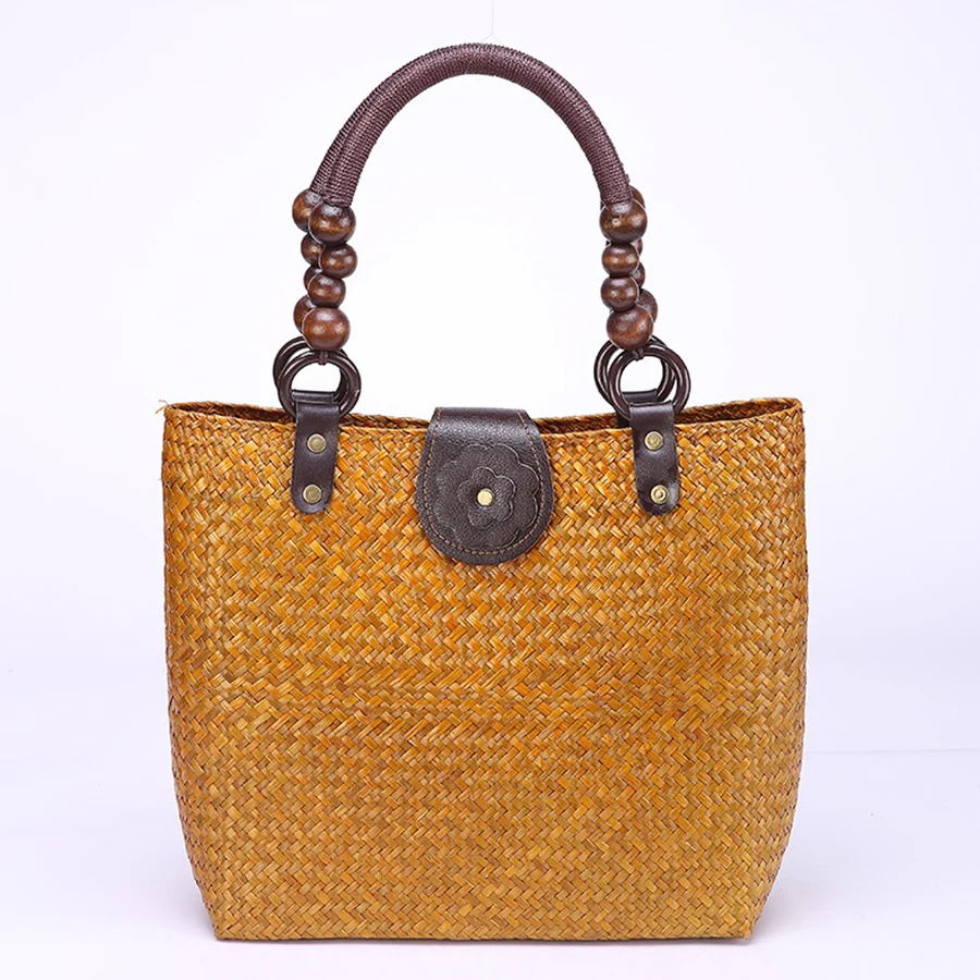 

Fashion Large Capacity Rattan Handmade Straw Handbag Women Holiday Beach Casual Tote Top-Handle Bags Beaded Handle Shoulder Bags