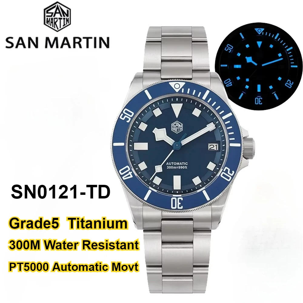 

Часы для дайвинга San Martin SN0121TD из титана 5 класса, автоматический механизм PT5000, водонепроницаемость 300 м, люминесцентное покрытие BGW9, регулируемая застежка.