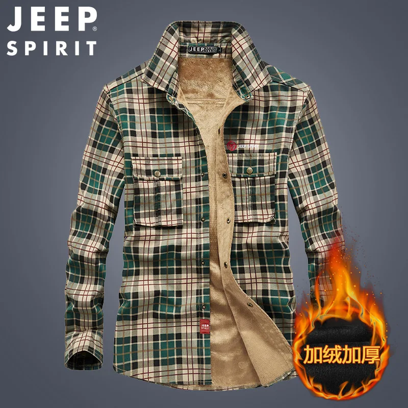 JEEP SPIRIT men fleece thickened long-sleeved shirt autumn winter fashion urban lapel cardigan slim fit warm casual plaid top