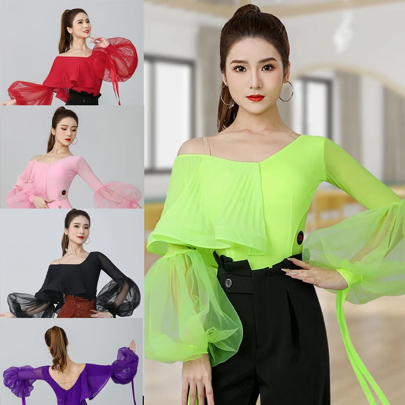 

New Women Lantern Sleeves Ballroom Dance Tops Adults Oblique Shoulder Modern Dancing Top Female Tango Practice Wear SL10131