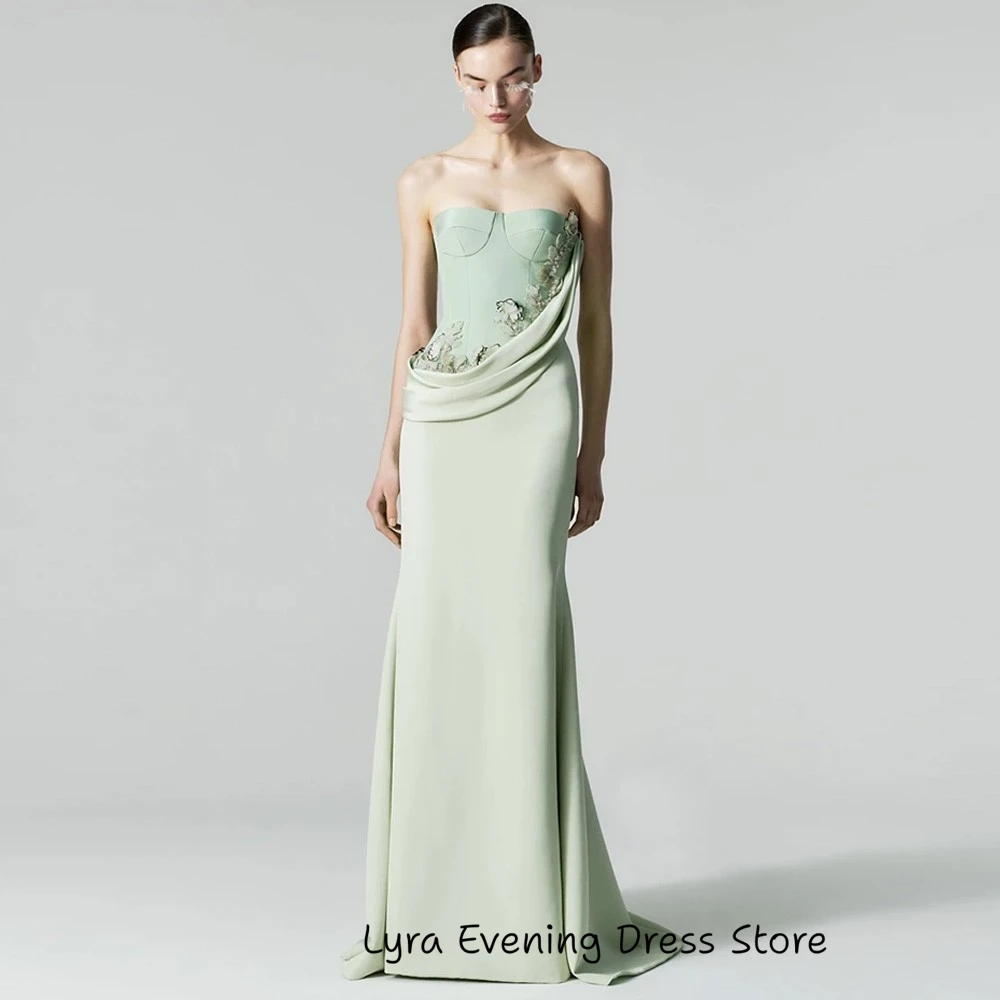 Mint Green Jersey Evening Dress Customized Strapless Prom Gowns Exquisite 3D Flowers Occasion Gown High Quality Party Dresses image 4