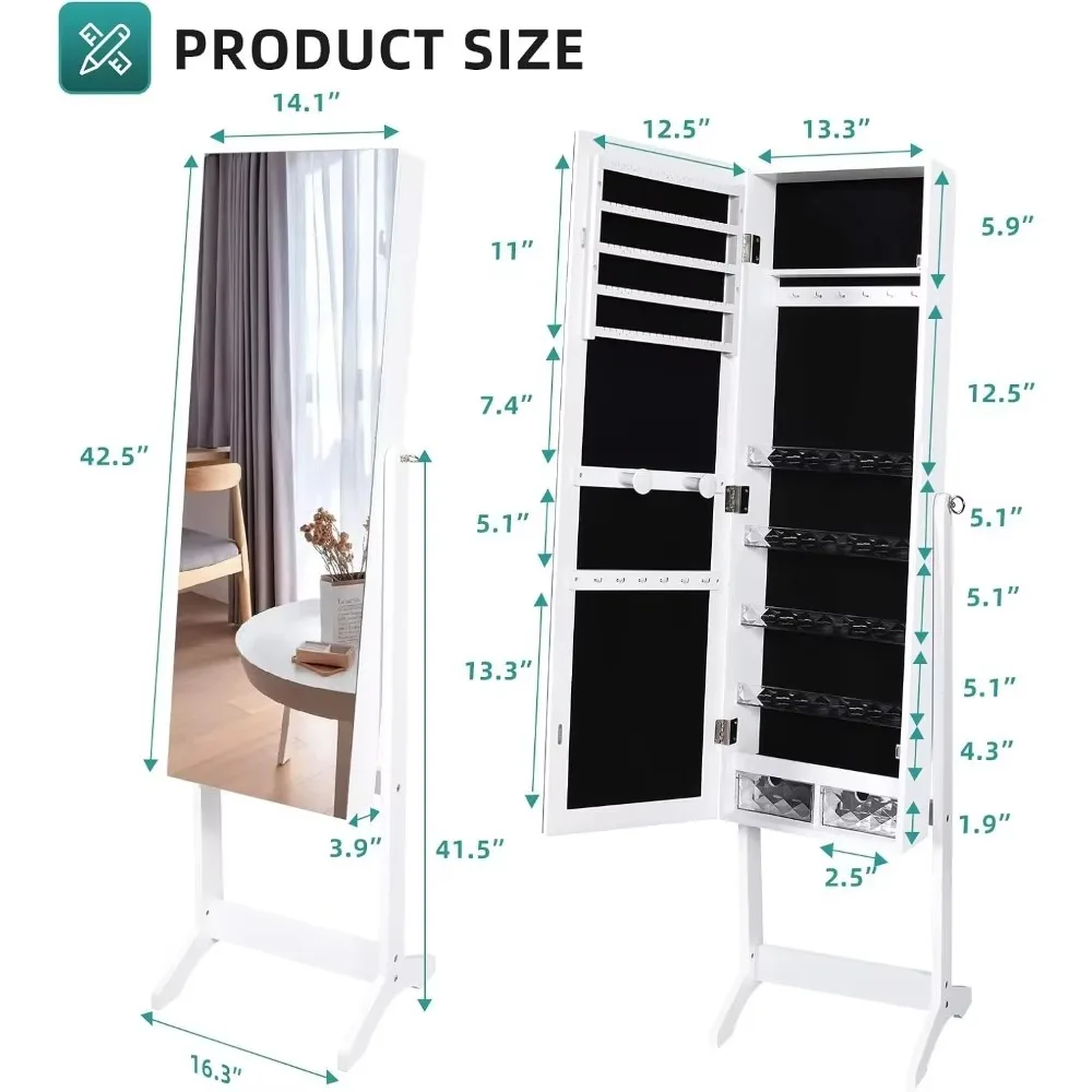 Portagioie 2 in 1 con specchio a figura intera, Organizer per gioielli in piedi con 2 cassetti, 3 angoli regolabili