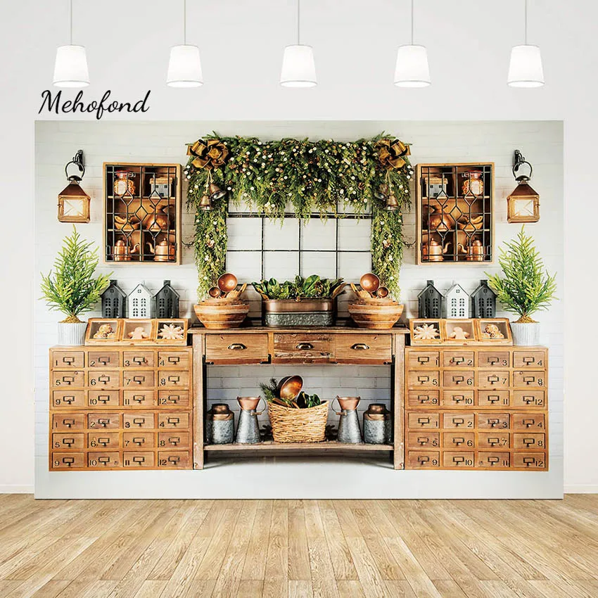 Mehofond Christmas Kitchen Photography Backdrop Cupboard X-mas Family Holiday Party Decor Kids Portrait Background Studio Props