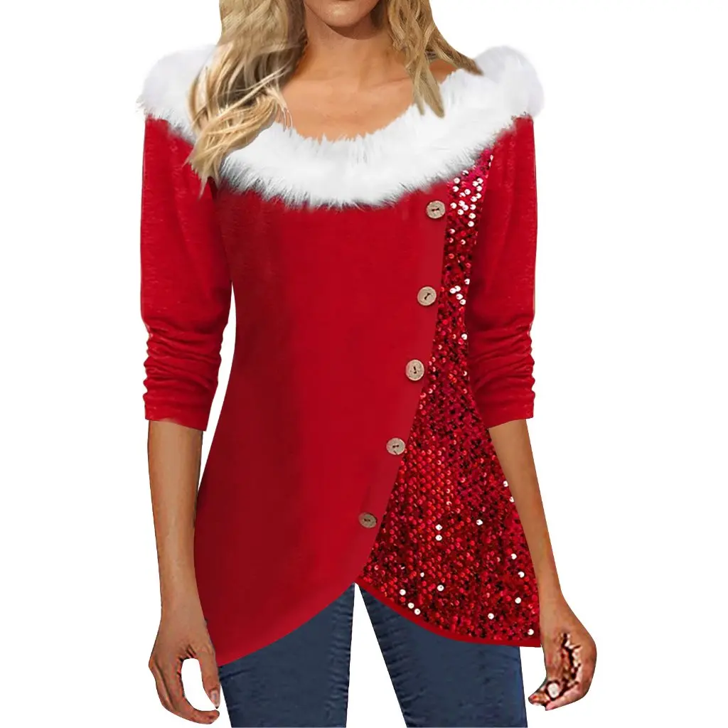 

Women's Large round Neck Long Sleeve Top with Fur Collar And Sequin Stitching European American Style Christmas Clothing