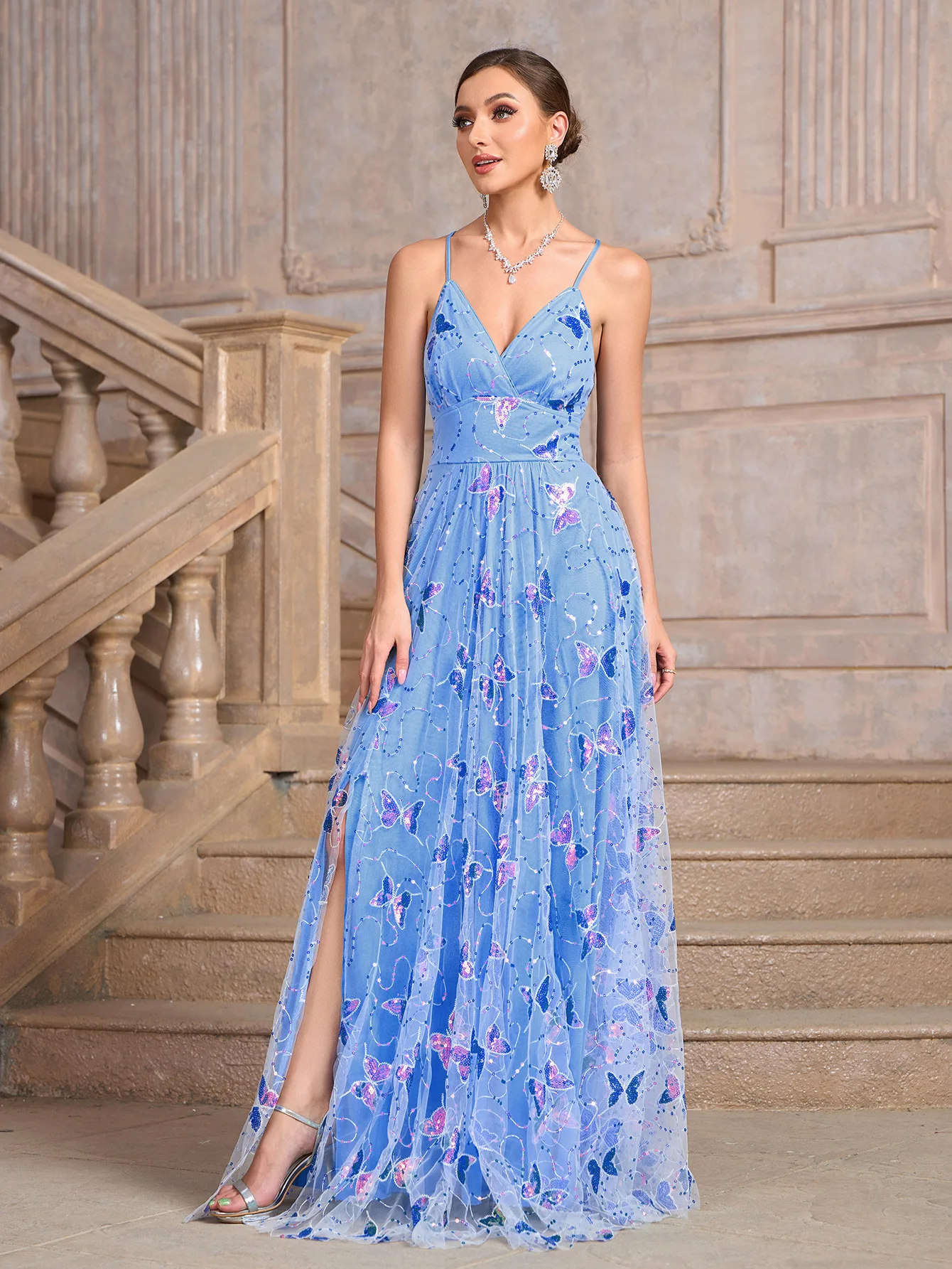 2024 Elegant Evening Party Dress Prom Dresses Blue 3D Butterfly Shiny Love Tulle Floor Length Wedding Party Graduation Dress