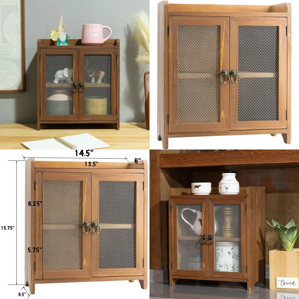 

Двухуровневый деревянный шкаф для хранения с магнитной дверцей, идеально подходит для кухни, гостиной, спальни и офиса, 15,75 x 14,5 x 6,5, коричневый