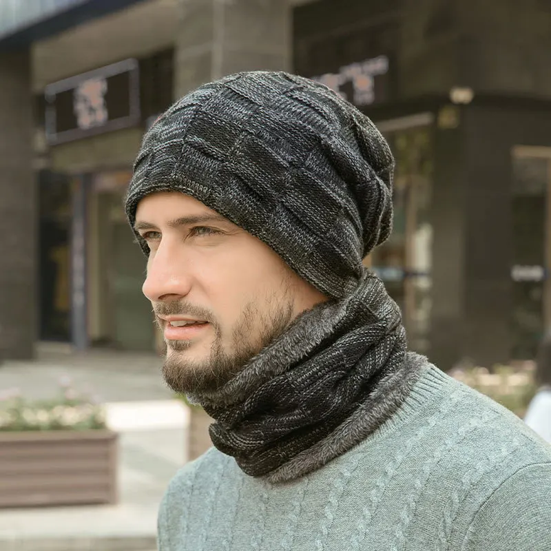 Ensemble bonnet et écharpe pour homme, garde au chaud, doublure polaire, fil de laine, chapeau, guêtre de cou en tricot, couleur unie, Design à carreaux, vente en gros, hiver