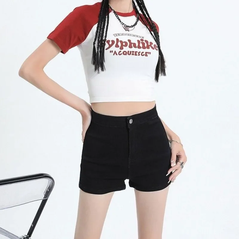 Shorts feminino preto cintura alta em linha reta denim dança hip-cobrindo all-match coreano na moda chique popular verão ins faculdade diariamente