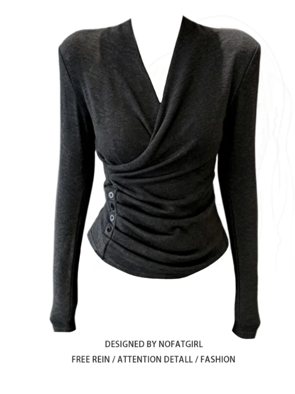 

Вязаная базовая кофта больших размеров в корейском стиле с V-образным вырезом, плиссировкой и перекрестным дизайном на талии для осени и зимы, стройнящая фигуру.