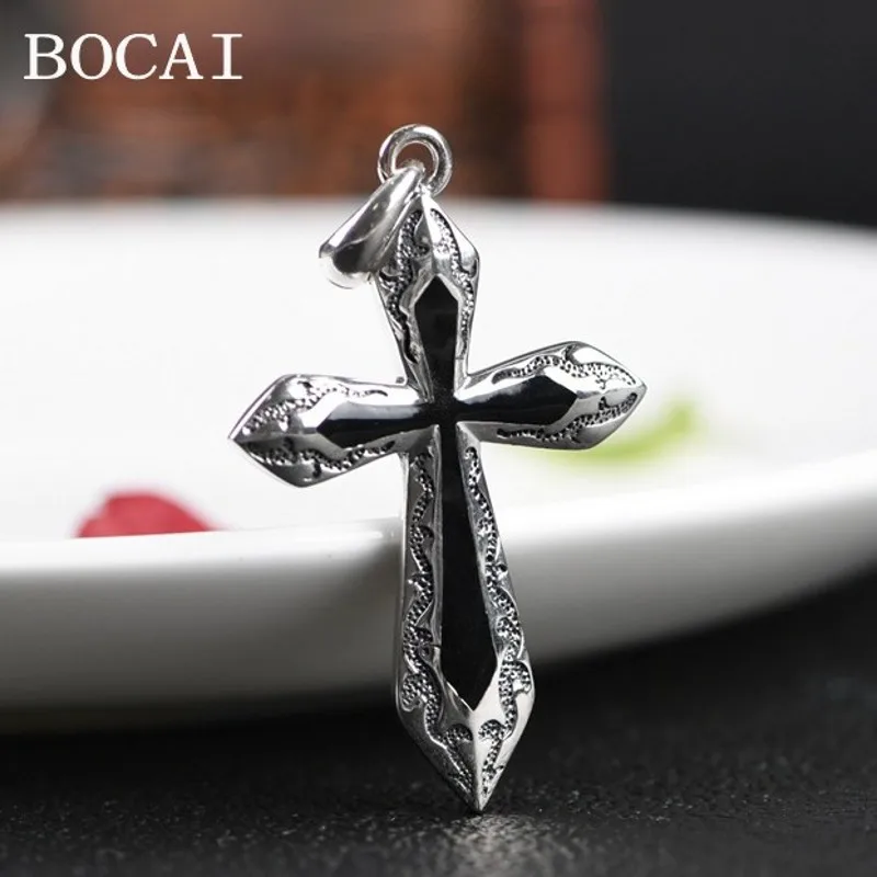 

BOCAI S925 Silver Retro Do Old Drop Of Oil Design Printed Cross Pendants For Men And Women
