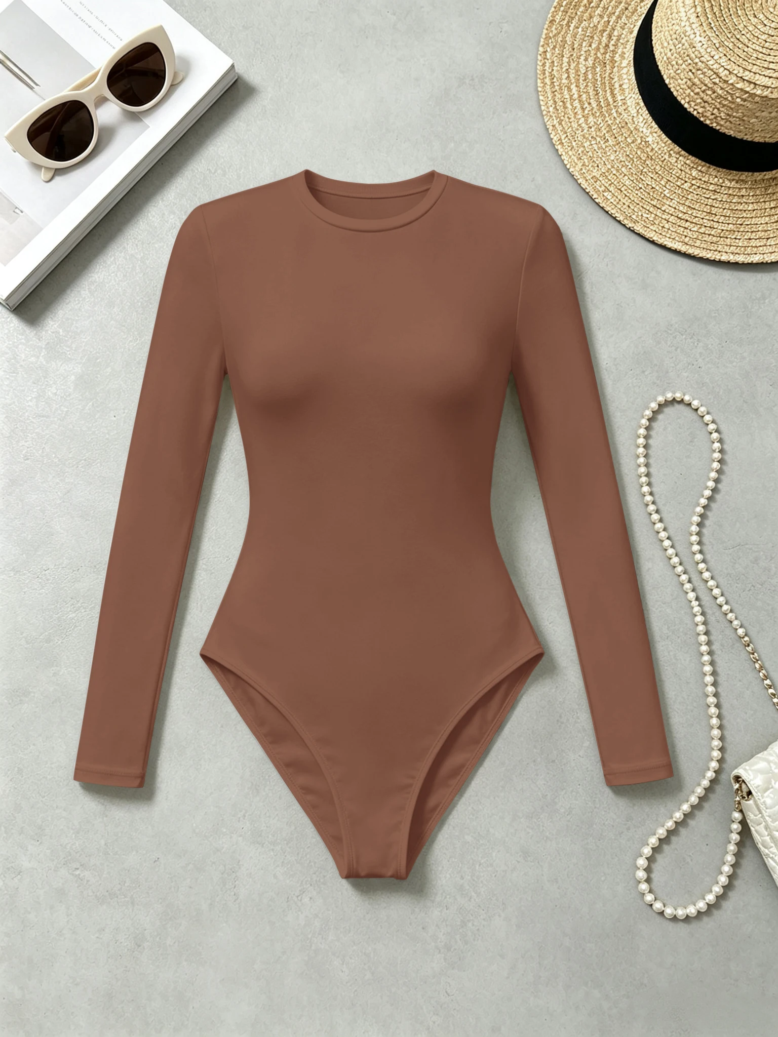 Damen-Bodysuit mit Rundhalsausschnitt und Langen Ärmeln, Schlanke Passform, Hochelastisch, Einfarbiger Casual-Jumpsuit für den Alltag – Detail 9