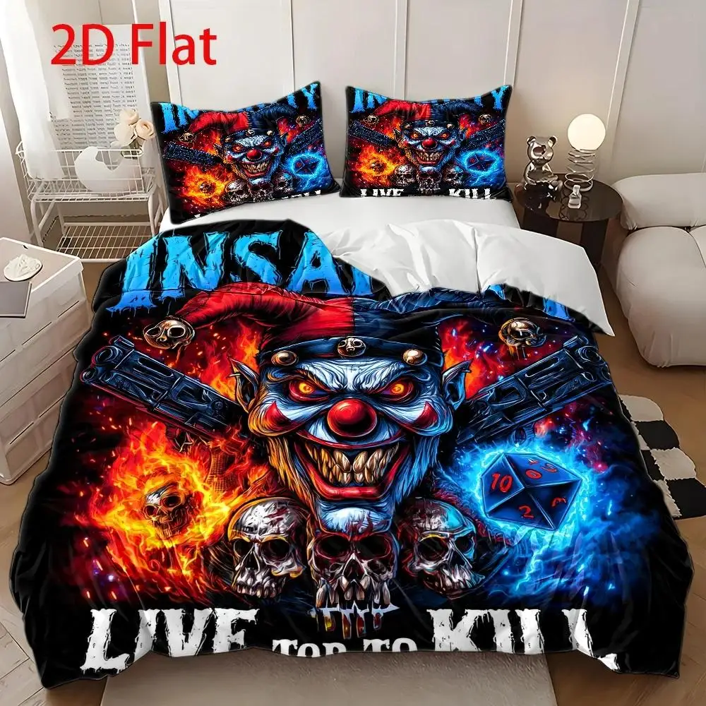 3Pcs Duvet Cover Set, 1 Duvet Cover + 2 Pillowcases, No Filler, 2D Flat Printing, Clown Flame Themed Pattern, Dark Gothic Style