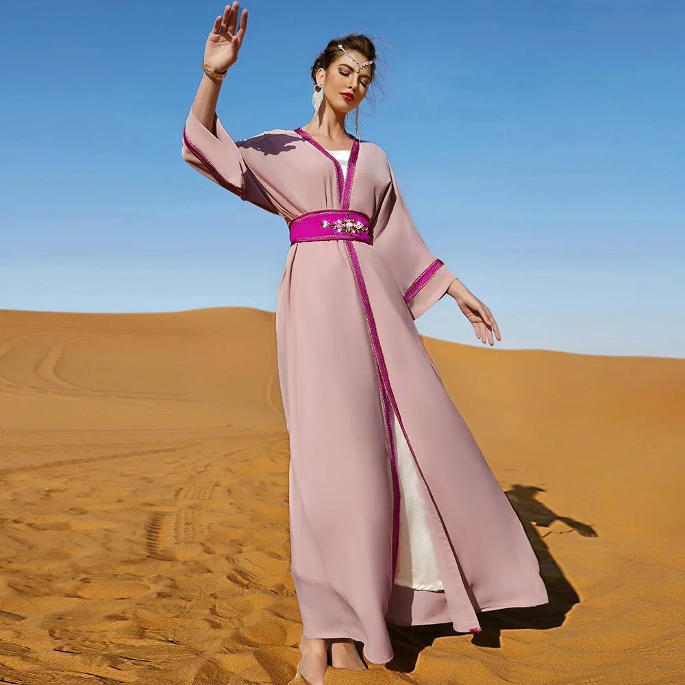 Dubai Abaya For Women Front Open Cardigan Diamonds Belted Kaftan And Vest Dress Suit Holiday Party Robe Qatar Abaya Design