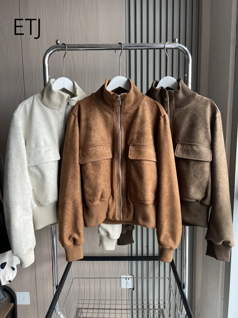 ETJ 2026 Damen Kunstwildlederjacke, kurze Fliegerjacke mit geripptem Saum, Cargotaschen, Reißverschluss, Stehkragen, Vintage-Herbstjacke – Detail 8