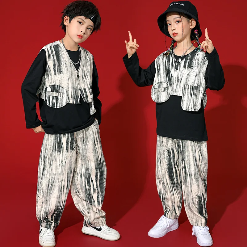 Ropa de Hip Hop para niño y niña, chaqueta sin mangas con estampado de Kpop, chaleco con bolsillo, Top, ropa de calle, pantalones, disfraz de baile de Jazz