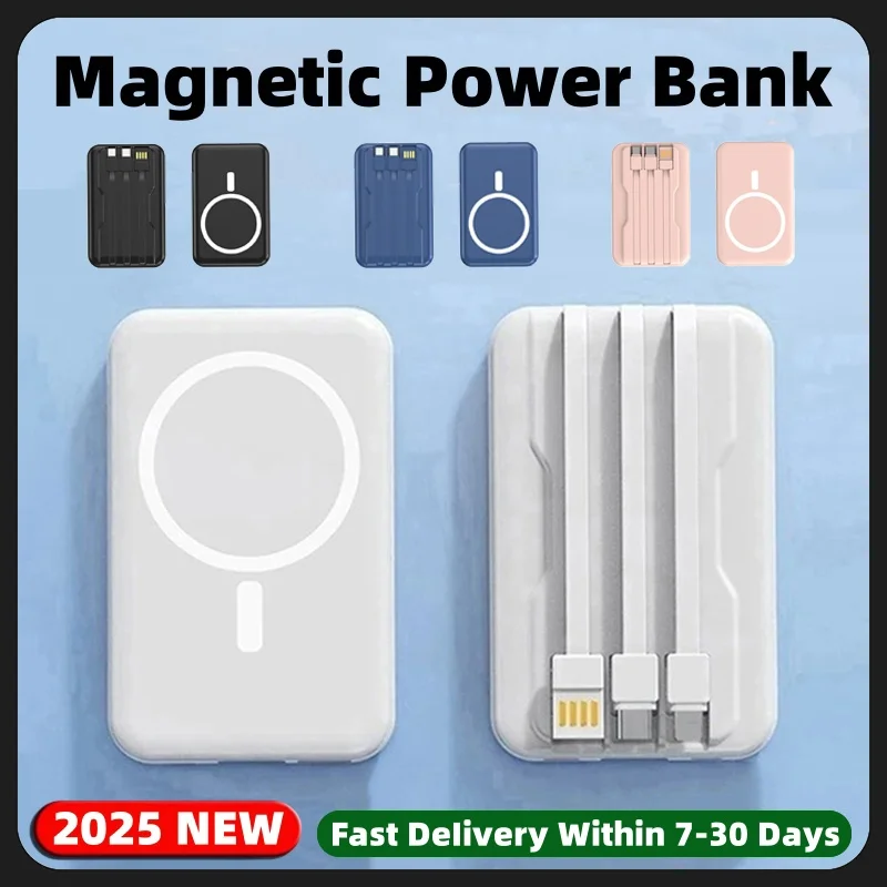 

4-in-1 Powerbank With Cables Magnetic Power Bank For Apple External Backup Battery Portable Wireless Charger for iPhone Samsung