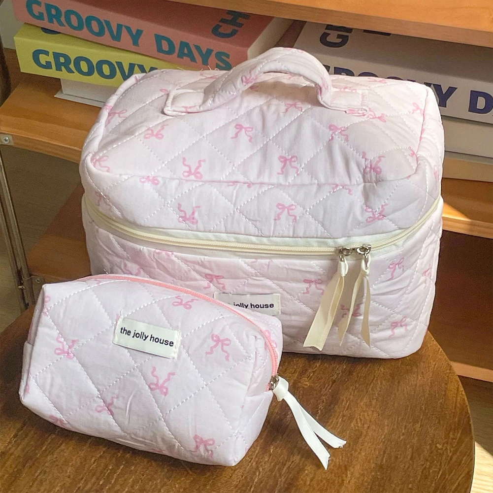 Borsa per il trucco in cotone trapuntato donna Bow Flower Storage Organizer custodia per cosmetici gonfia borsa per cosmetici da viaggio grande