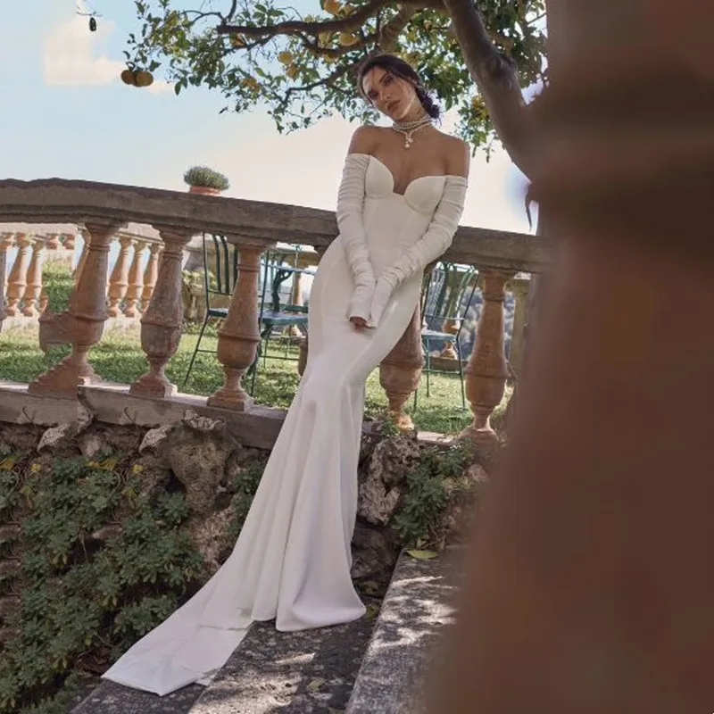 

Simple Mermaid Long Wedding Dresses Elegant Strapless Off The Shoulder Bride Gown Sexy Backless High Slit Vestidos Customized