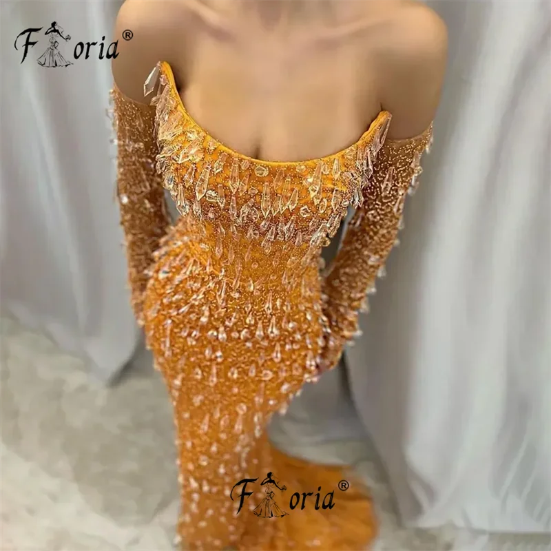 Delicate Crystal Orange Mermaid Formal Party Dress Strapless Beaded Wedding Evening Gowns Couture Stone Arabic Celebrity Dresses