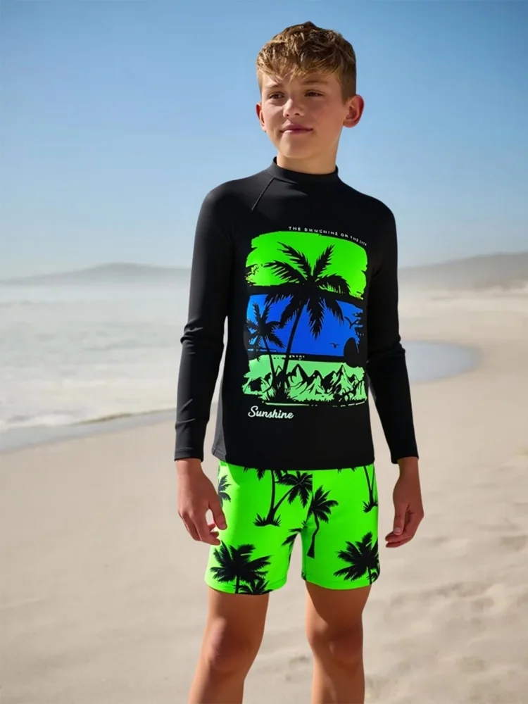 Two Piece Swimsuit 2026 New Black Coconut Tree Long Sleeves Children Swimwear Summer Shorts Beachwear Bathing Suit For Swimming