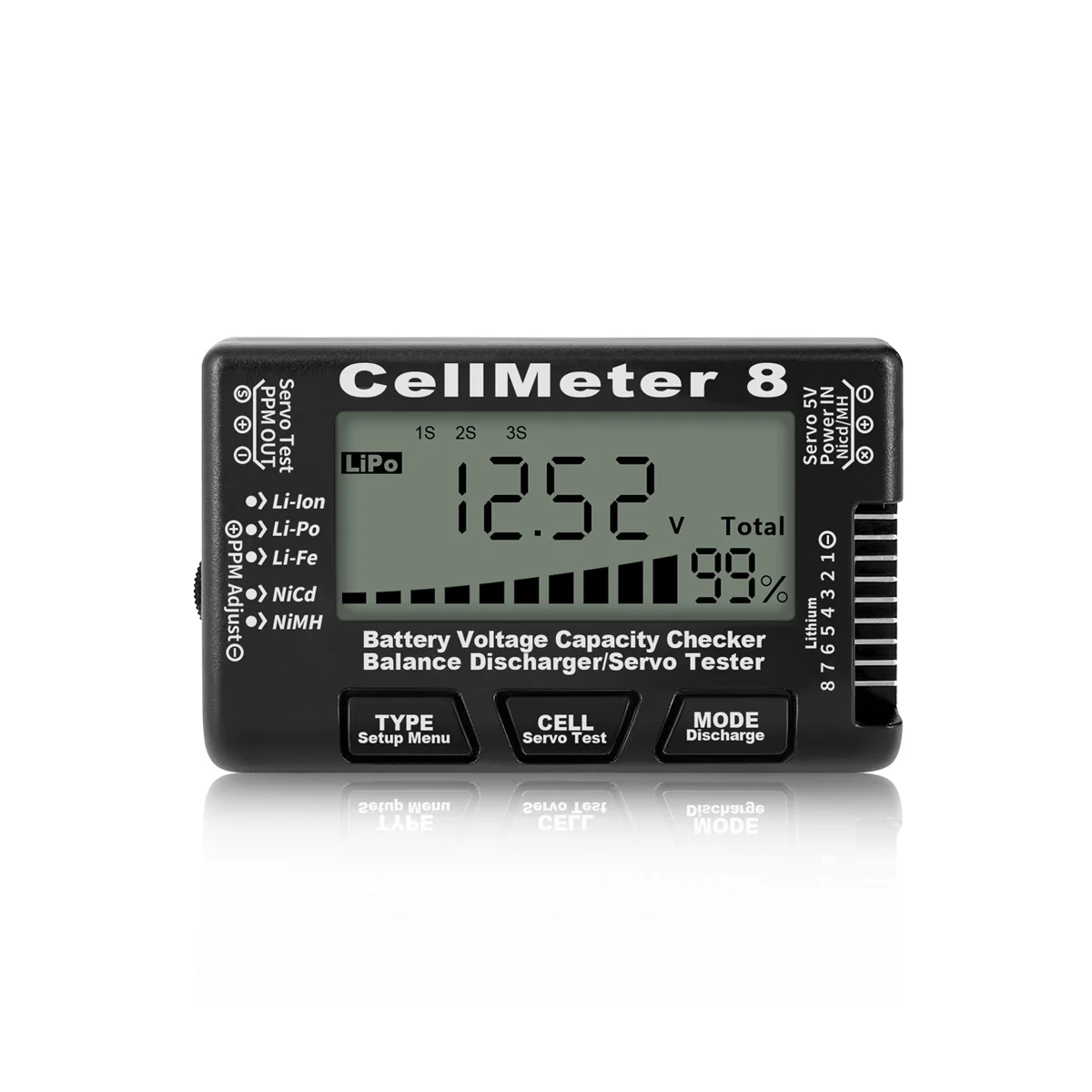 

Цифровой измеритель емкости аккумуляторов RC Cellmeter 8, устройство для проверки напряжения Li-Ion NiMH Nicd Cell, черный