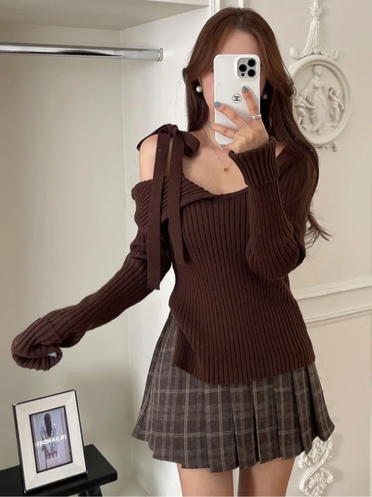 

Ранняя осень, модный вязаный топ, женский облегающий топ с поясом и опуклой колючкой, Pure Desire, модный, однотонный, для поездок на работу