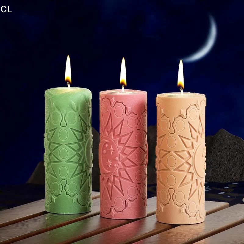3D Relief Sun Moon Star Pillar Candle Mold Silicone Astrology Witchcraft Candle Making Mould For DIY Soy Wax Candles Home Decor