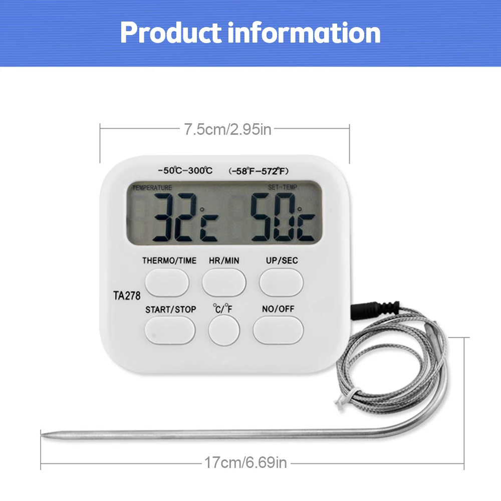 TA278 Digital Food Thermometer Stainless Steel Probe Meat Oven Bbq Temperature Meter Cooking Tools For Kitchen With Alarm