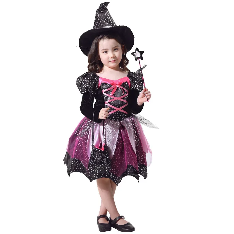 Kinder Mädchen Hexen-Cosplay-Kostüm Komplettes Zubehör-Set Sternenmuster-Kleid Hut Zauberstab für Halloween-Themenparty Aufführung – Detail 5