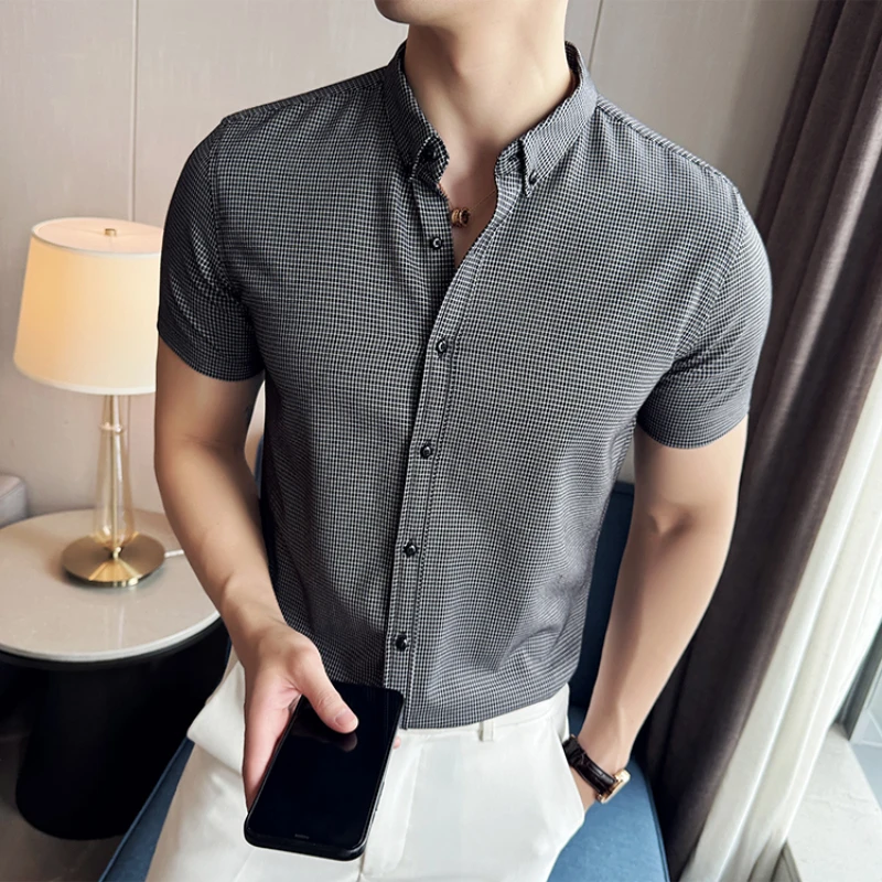 

High Quality Summer Plaid Shirt for Men Short Sleeve Casual Business Dress Shirts Office Social Streetwear Tops Men Clothing