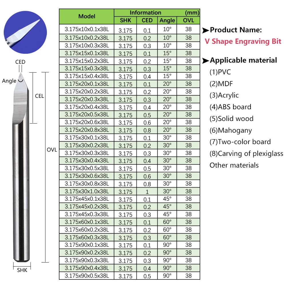 10PCS 3.175mm V Shape Engraving Bit CNC Router Bit for Wood Carbide Milling Cutter 15 20 30 60 90 Degree V Groove Router Bit