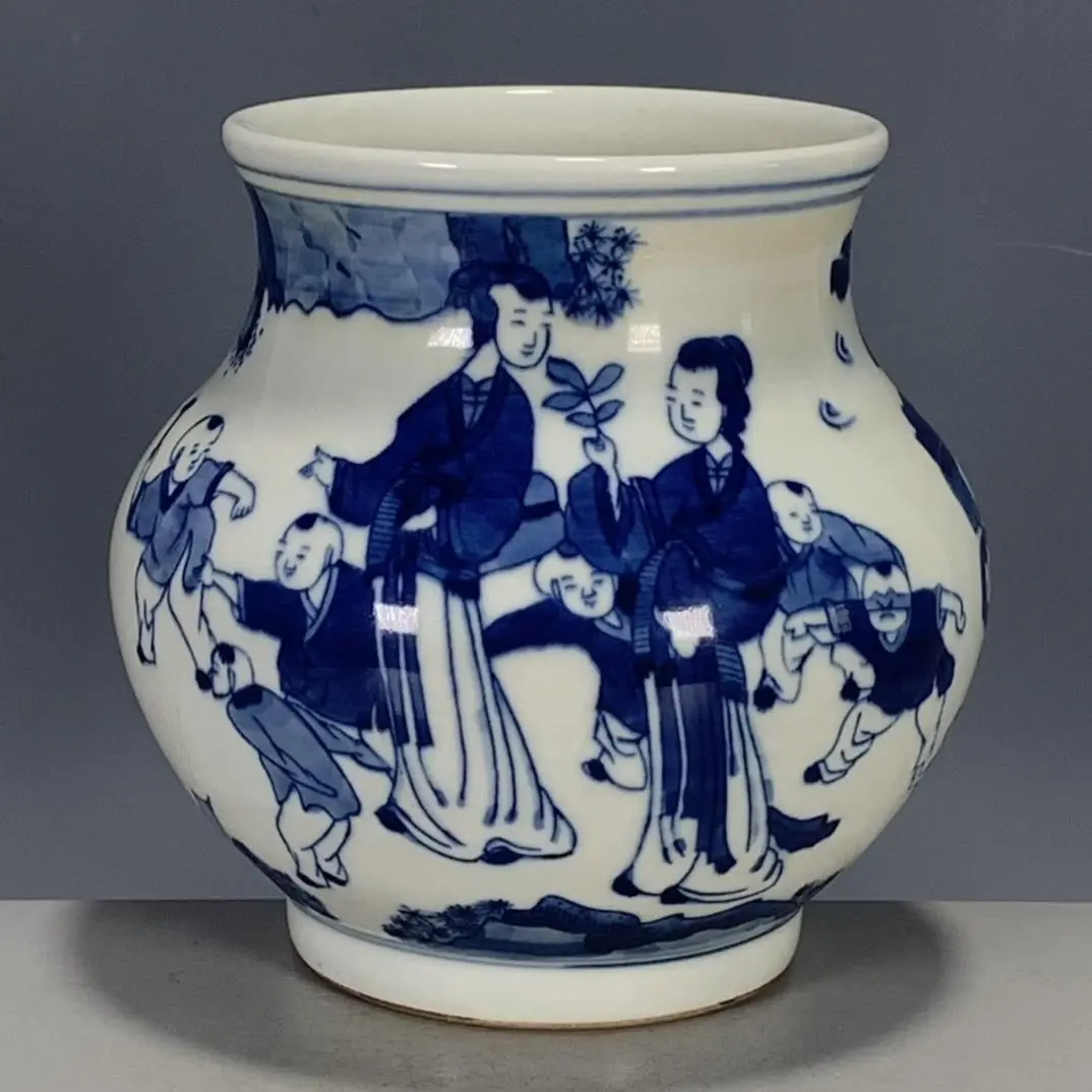 Chinese Cultural Play Ceramic Zhadou Qing Underglaze Blue Three Mothers Teaching Children Scene Water Washer