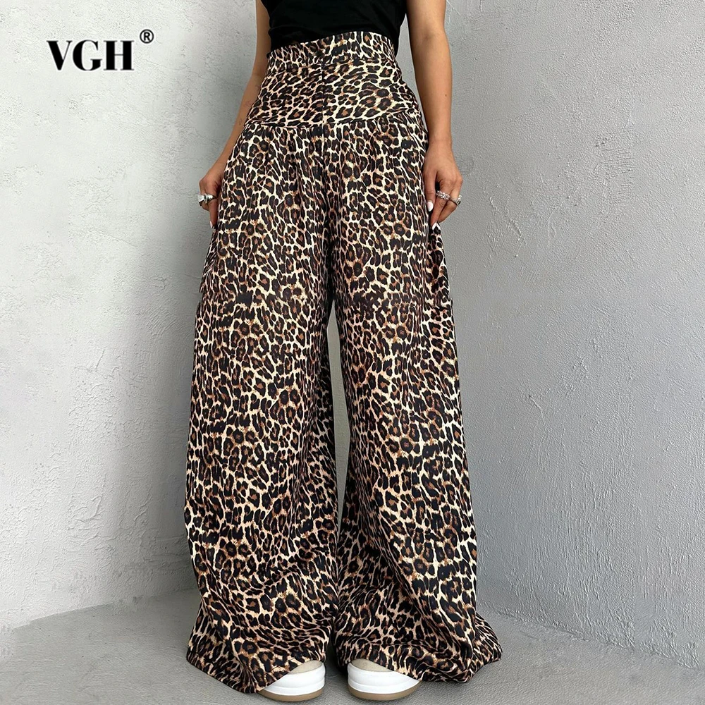 VGH Hit Color Leopard Loose Trousers For Women High Waist Patchwork Zipper Streetwear Wide Leg Pants Female Fashion Style New