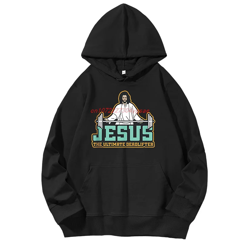 Moletom com Capuz de Algodão Estampado de Manga Longa com Gráfico Engraçado de Halterofilismo Deadlift Jesus para Treino e Academia