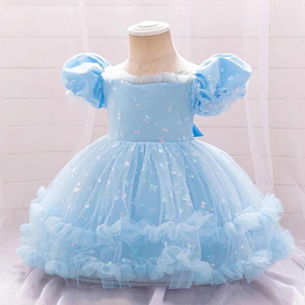 Puff Sleeve Dress For Baby Girl Wedding Party Lace Bow Kids Pink Dresses Infant 1st Birthday Baptism Princess Christening Gown