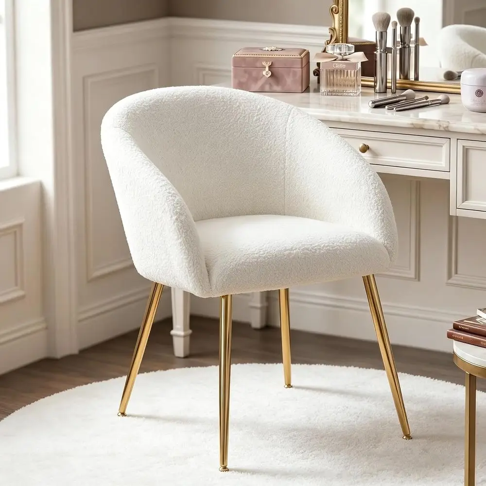ern Vanity Chair, Small Accent Chair with Metal Legs,Boucle Teddy abric Dining Chair, r or Living Room,Makeup Room,Waiting Room,