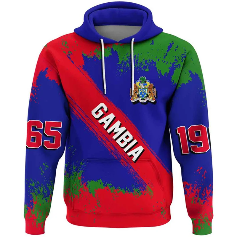 Fashion 3D The Republic-of The Gambia Flag Printing Hoodies Gambia Coat Of Arms Graphic Hooded Hoody Mens Clothing Pullovers Top