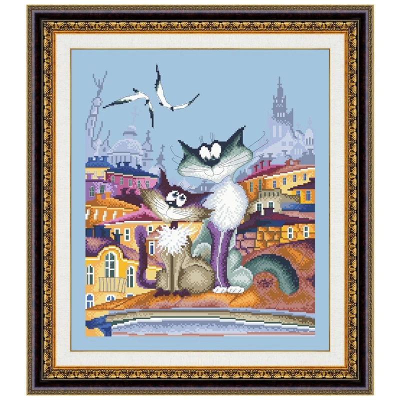 

A gorgeous city cat cross stitch kit 18ct 14ct 11ct skybkue count canvas stitch embroidery DIY handmade needlework