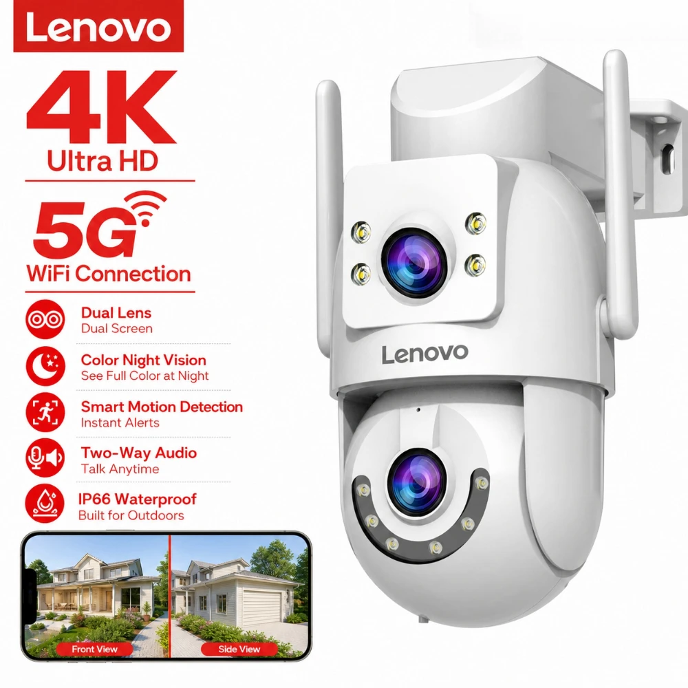 Lenovo 4K Dual-Objektiv Außen-WLAN-Kamera 5G WLAN Zwei-Wege-Audio IP66 Wasserdicht KI-Tracking Nachtsicht Heimüberwachungskamera