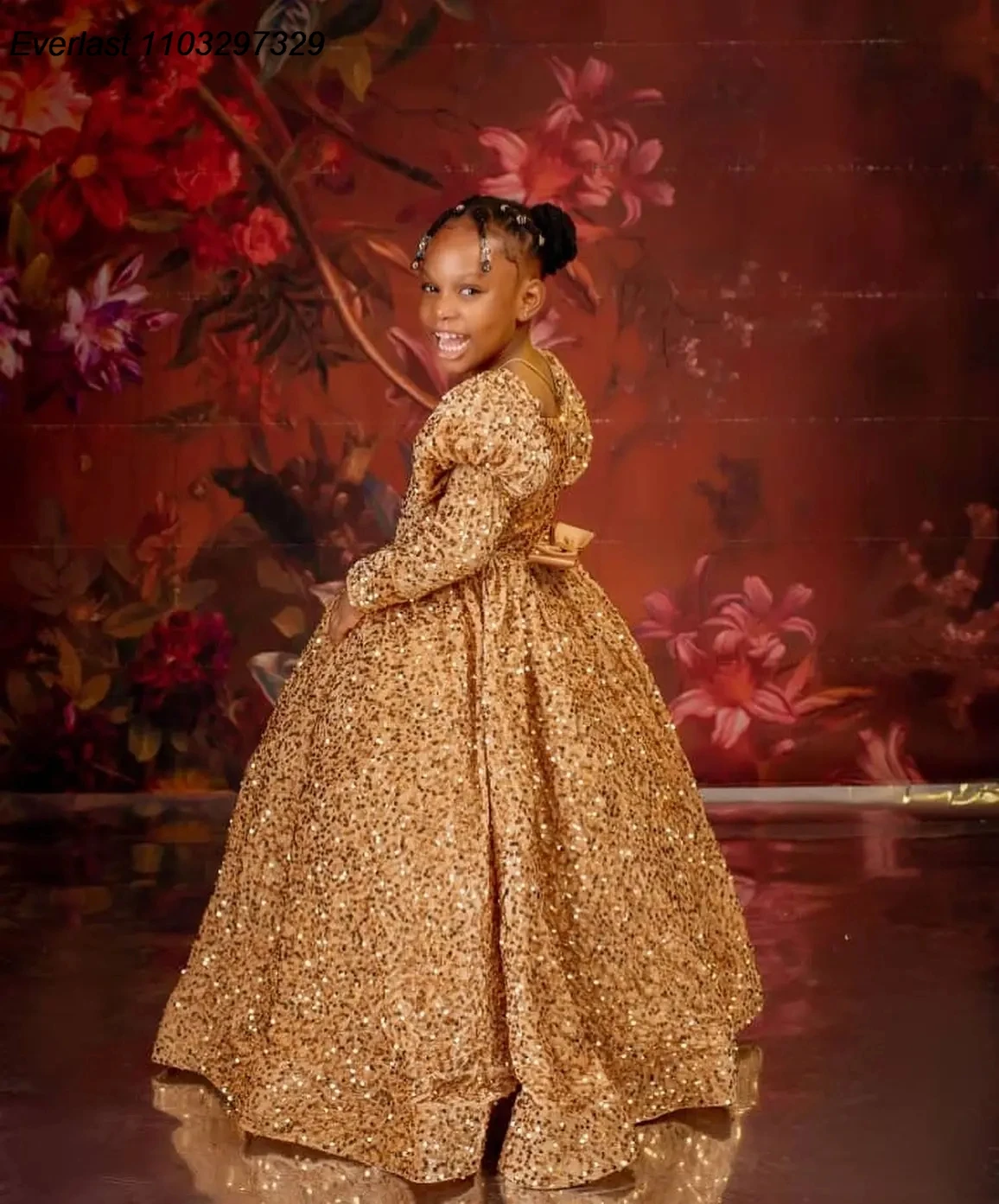 EVLAS Shiny Gold Sequins Flower Girls Dress Beaded Ball Gown African Child Dress For Weddings First Communion PhotoShoot TFD150