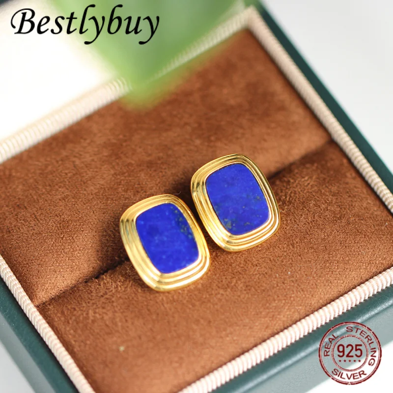 

Новые серебряные позолоченные квадратные серьги из натурального лазурита S925 для женщин, простые и модные, синий драгоценный камень, французский E