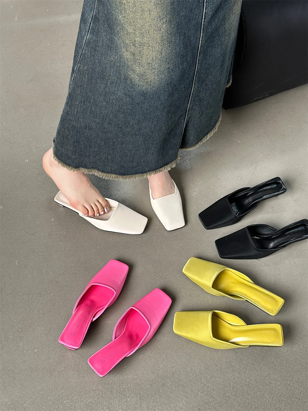 Square Toe Women Slides Slippers 224 New Arrivals Summer Outside Shallow Slip On Thick Low Heels Black Green Beige Rose Slippers