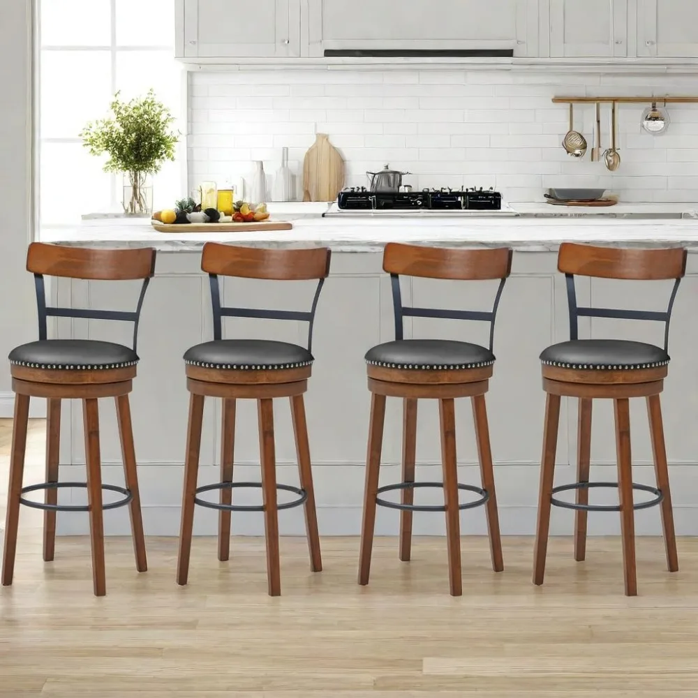 

Bar Stools Set of 4 Swivel , PU Leather Upholstered Barstools with Back & Solid Rubber Wood Legs & Metal Footrest, 30.5 Inch