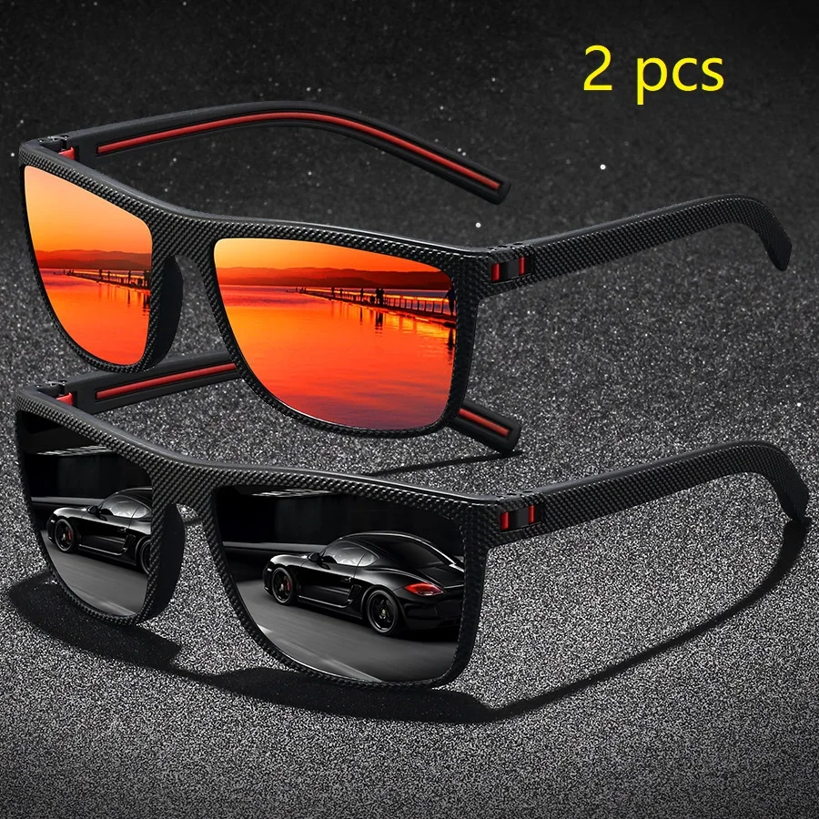 2 Pieces Vintage Check Pattern Polarized Sunglasses For Men Women Fishing Driving Fashion Square Brand Design Sun Glasses UV400