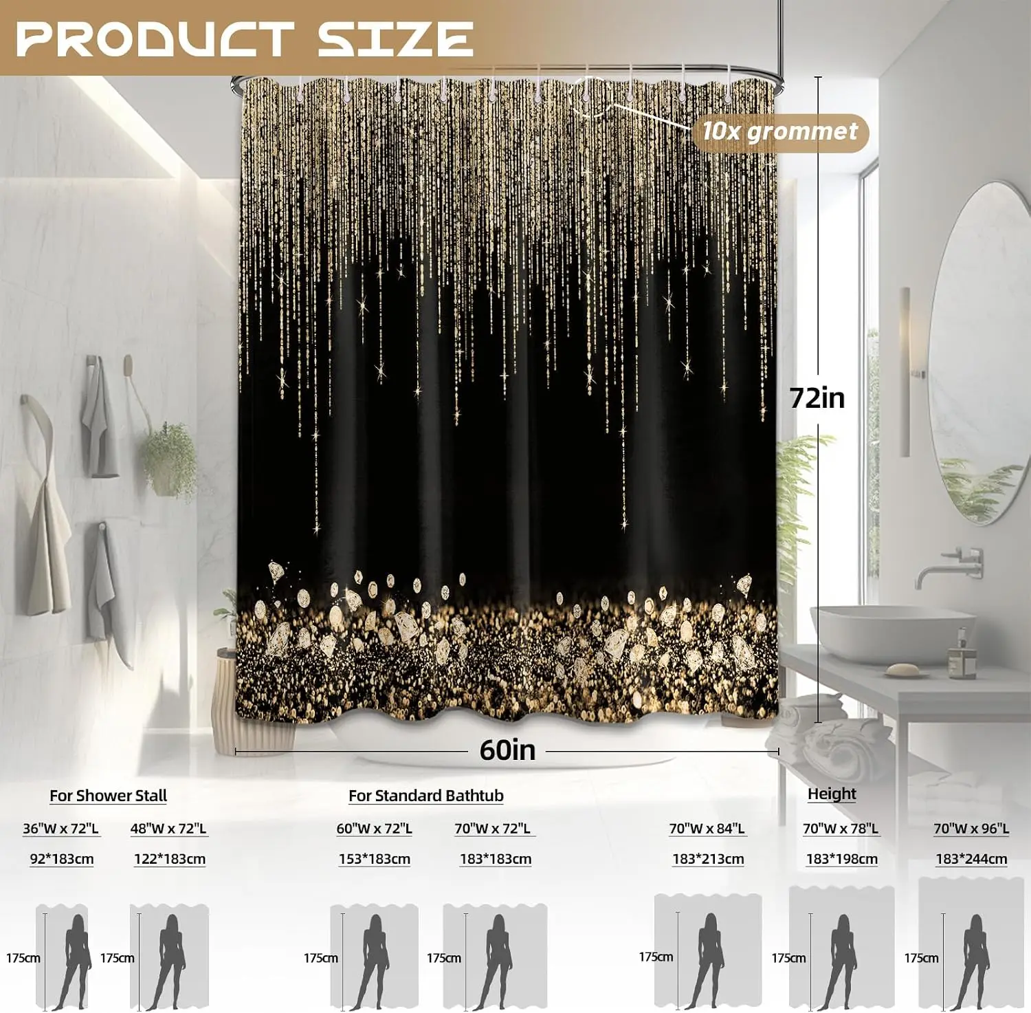 Luxurious Gold Glitter Shower Curtain Black Waterproof Bathroom Decor Home Accent Polyester Linens for Modern Spa view 2