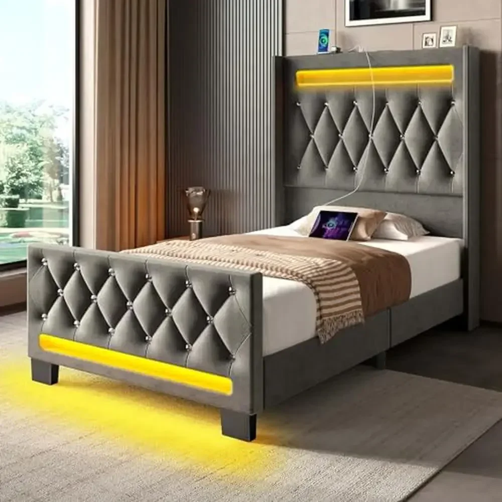 

Upholstered Velvet Twin Bed Frame with RGB LED Light Charging Station High Headboard & Footboard Wood Slats Noise Free Easy